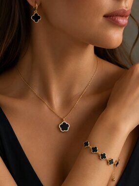 Black Clover Gold Jewelry Set Necklace Bracelet Earrings 3PC Luxury Gift